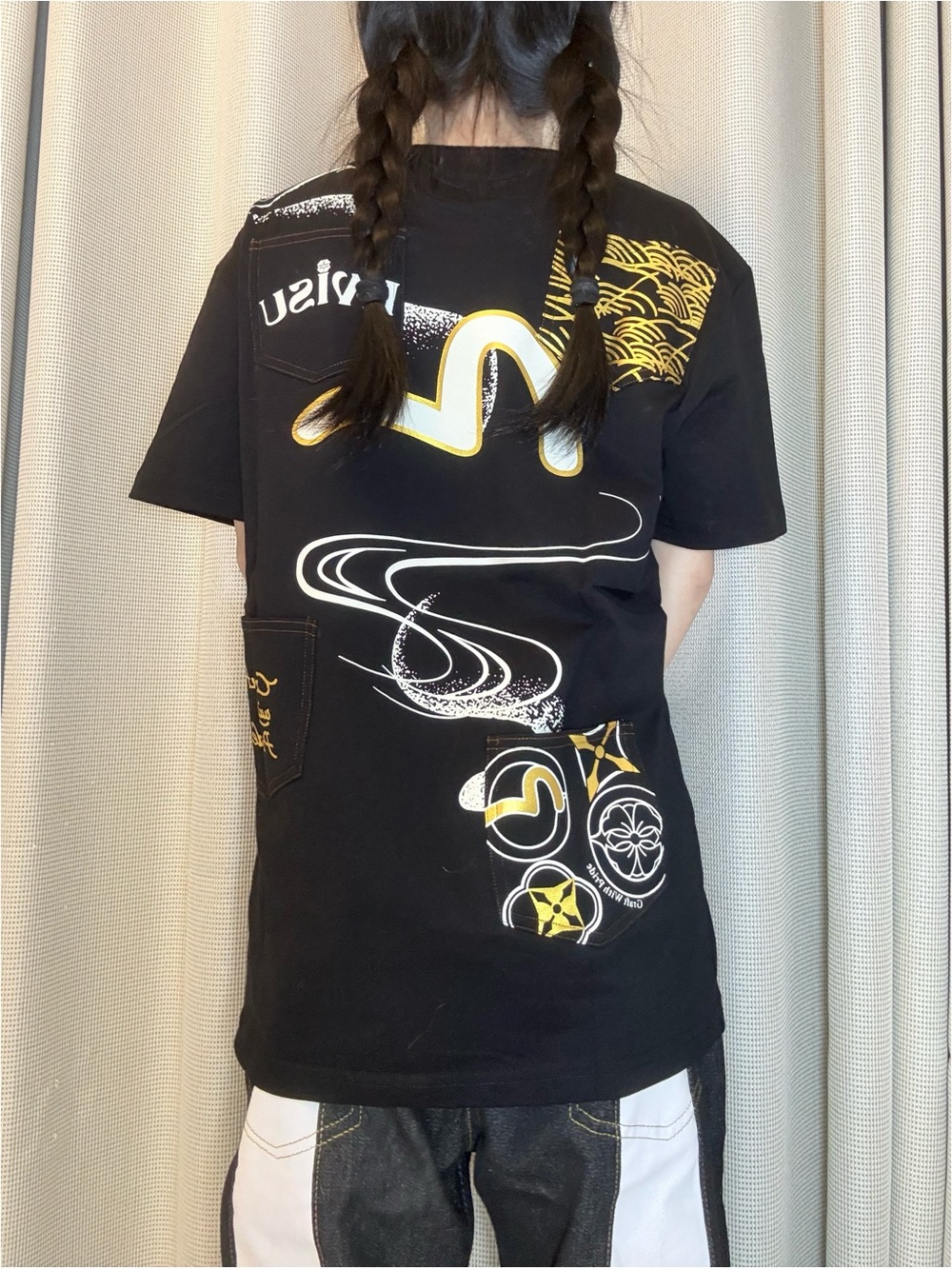 Evisu Black Multi-Pockets Short Sleeve Tee with Yellow & White Graphic